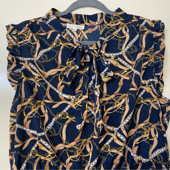 Navy Blue Chain Print Cap Sleeve Dress - Picture 2 of 4